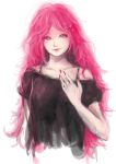  a-kura bad_id long_hair megurine_luka nail_polish pink_eyes pink_hair simple_background smile solo vocaloid 