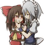  2girls ascot bdsm blush bondage bow braid brown_hair chain collar detached_sleeves femdom femsub hair_bow hakurei_reimu hand_on_another&#039;s_cheek hand_on_another&#039;s_face izayoi_sakuya kumo_(atm) maid maid_headdress multiple_girls rope silver_hair tears touhou twin_braids wrist_cuffs yuri 