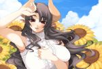  1girl armpits black_hair breasts brown_hair demon_girl flower horns huge_breasts long_hair mel/a pointy_ears red_eyes solo succubus sunflower sweater 