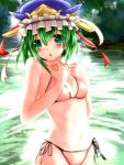  :o bikini blush flat_chest green_hair hat irusu midriff shikieiki_yamaxanadu short_hair side-tie_bikini swimsuit touhou water 
