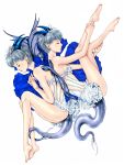  back-to-back back_to_back bad_id bare_shoulders barefoot closed_eyes demon_girl demon_tail demon_wings dress feet fingernails flat_chest highres horns junji_(pixiv579990) lips multiple_girls nails original pointy_ears short_dress siblings silver_hair tail twins wings 