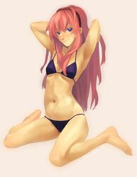  adjusting_hair armpits arms_behind_head arms_up bad_id barefoot bikini blue_eyes elaine_murphy feet flat_chest hairband housh long_hair megurine_luka midriff navel pink_hair simple_background smile solo swimsuit vocaloid 