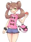  1girl bag blush brown_hair eyelashes green_eyes highres long_hair metindone open_mouth poke_ball pokemon pokemon_(game) pokemon_xy sana_(pokemon) shorts simple_background solo twintails white_background 