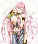  blue_eyes breasts cleavage d4dry headphones headset highres large_breasts long_hair megurine_luka midriff nail_polish navel pink_hair skirt smile solo thighhighs very_long_hair vocaloid 