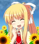  blonde_hair bust closed_eyes flower happy izuko kamio_misuzu long_hair open_mouth ponytail school_uniform sunflower 