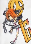  a.b.a bags_under_eyes bandage bandages blood chain chains chibi green_eyes guilty_gear hair_over_one_eye homunculus key maon marker_(medium) orange_hair oversized_object paracelsus short_hair shorts stitches traditional_media 