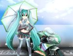  aqua_eyes aqua_hair bare_shoulders bridal_gauntlets detached_sleeves hand_on_hip hatsune_miku long_hair midriff motor_vehicle motorcycle necktie race_queen racequeen shinolion skirt sky smile solo thigh-highs thighhighs twintails umbrella vehicle very_long_hair vocaloid 