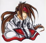  brown_hair date guilty_gear headband maon marker_(medium) order_sol ponytail portrait signature sol_badguy traditional_media 