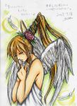  closed_eyes date feathers hands_on_own_chest long_hair maon marker_(medium) millipen millipen_(medium) original ponytail praying profile signature sketch traditional_media wings 