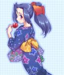  from_behind idolmaster japanese_clothes kimono long_hair looking_back maru_(sara_duke) miura_azusa oekaki ponytail red_eyes ribbon smile solo yukata 