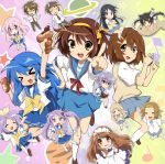  6+girls akiyama_mio animal_ears asahina_mikuru bad_id black_hair blue_eyes blue_hair blush book brown_eyes brown_hair cat_ears chibi chocolate_cornet closed_eyes crossover everyone fish food glasses hair_ornament hairband hairclip hiiragi_kagami hiiragi_tsukasa hirasawa_yui izumi_konata k-on! kneehighs koizumi_itsuki kotobuki_tsumugi kyon long_hair lucky_star maid maruki_(punchiki) multiple_girls musical_note nagato_yuki nakano_azusa necktie planet pointing purple_eyes purple_hair school_uniform serafuku short_hair skirt socks star suzumiya_haruhi suzumiya_haruhi_no_yuuutsu sweatdrop tainaka_ritsu taiyaki takara_miyuki takoyaki twintails violet_eyes wagashi 