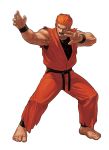  1boy barefoot eisuke_ogura fighting_stance full_body highres king_of_fighters king_of_fighters_xii kof_12 male muscle official_art ogura_eisuke open_mouth orange_hair ryou_sakazaki ryuuko_no_ken sakazaki_ryo short_hair sleeveless snk solo wristband 