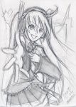  detached_sleeves graphite graphite_(medium) hands happy hatsune_miku headphones maon monochrome outstretched_arm outstretched_hand reaching reaching_out signature sketch traditional_media twintails vocaloid 