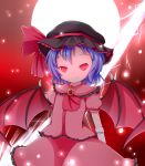  1girl adapted_costume ascot bat_wings blue_hair brooch full_moon gloves hat hat_ribbon highres jewelry light_particles looking_at_viewer makuran moon pink_eyes puffy_sleeves remilia_scarlet ribbon shirt short_sleeves skirt skirt_set slit_pupils smile solo spear_the_gungnir touhou white_gloves wings 