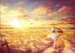  blue_eyes bow bowtie cloud cross dress flower grave graveyard meadow original outstretched_arms petals scenery sinsora solo spread_arms standing_on_one_leg sunlight sunset white_hair wind 