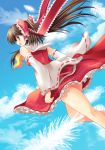  ass bare_shoulders brown_hair detached_sleeves feathers hakurei_reimu japanese_clothes long_hair looking_back maki_(artist) maki_(seventh_heaven_maxion) miko no_panties red_eyes ribbon solo touhou 