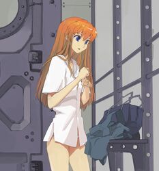  blue_eyes dress_shirt long_hair neon_genesis_evangelion no_pants orange_hair panties pinzu shirt solo souryuu_asuka_langley standing underwear undressing white_panties 