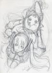  back_to_back detached_sleeves graphite graphite_(medium) hair_ribbon hand_holding happy hatsune_miku holding_hands kagamine_rin looking_up maon monochrome ribbon short_hair signature sketch thigh-highs thighhighs traditional_media twintails vocaloid zettai_ryouiki 