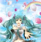  aqua_hair balloon detached_sleeves hatsune_miku headset long_hair necktie rainbow singing sk sky twintails very_long_hair vocaloid 