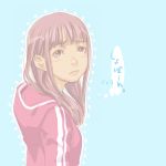  frown hoodie kaieda_hiroshi long_hair looking_back pink_eyes pink_hair sad simple_background solo translated 