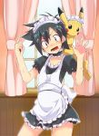  1boy alternate_costume apron black_hair blush brown_eyes choker clothed_pokemon crossdressing crossdressinging curtains enmaided hands maid maid_headdress nakamura_sandayo open_mouth pikachu pokemon pokemon_(anime) pokemon_(creature) satoshi_(pokemon) short_hair trap window 