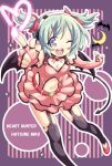  aqua_hair bat_wings blue_eyes dekosuke elbow_gloves fingerless_gloves gloves hair_ribbon hatsune_miku headphones heart heart_hunter midriff project_diva ribbon short_hair smile solo tail thigh-highs thighhighs twintails vocaloid wings wink zettai_ryouiki 