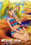  belt blonde_hair blush candy citron citron_(basquash) crop_top flat_chest green_eyes highres hoodie lollipop midriff pool poolside shoes short_shorts shorts sitting sneakers solo twintails wariza water 