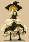  blonde_hair bow brown_background dress frills from_behind gathers grin hat kirisame_marisa kneehighs large_bow looking_back petticoat shadow shiba_murashouji short_hair simple_background smile socks solo standing touhou witch_hat yellow_eyes 