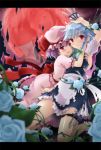  bad_id blue_hair blue_rose blurry blush braid depth_of_field fang flower hat hold hug izayoi_sakuya knife lavender_hair letterboxed moon multiple_girls open_mouth pan_(mimi) red_eyes red_moon remilia_scarlet rose short_hair silver_hair smile thigh_strap torn_clothes touhou twin_braids vines white_rose wings 