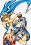  blue_eyes bridget bridget_(guilty_gear) cross crossed_arms dutch_angle guilty_gear keyhole maon marker_(medium) millipen millipen_(medium) signature traditional_media trap wrist_cuffs yoyo 