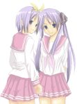  blue_eyes hiiragi_kagami hiiragi_tsukasa long_hair lowres lucky_star purple_hair school_uniform serafuku short_hair siblings sisters twins twintails 