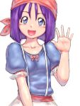  blue_eyes blush bow dragon_quest dragon_quest_ix flat_chest hands humio purple_hair ribbon rikka_(dq9) short_hair simple_background sketch solo waving 