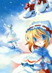  blonde_hair blue_eyes cat.lqe catlqe hat highres lily_white short_hair snow solo touhou wings 
