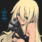  blue_eyes english gun handgun kaieda_hiroshi kiss lips long_hair lowres oekaki pistol solo tank_top weapon 