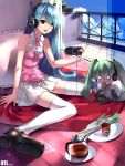  bed blue_hair girls_playing_games hachune_miku hands hatsune_miku highres legs lips long_hair necktie open_mouth pillow pink_eyes playing_games playstation_portable psp sitting skirt sky spring_onion tea thigh-highs thighhighs very_long_hair video_game vocaloid window yykuaixian zettai_ryouiki 