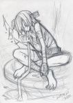  bandage bandages barefoot date graphite graphite_(medium) guilty_gear hair_over_one_eye homunculus keyhole maon monochrome mouth_hold signature sitting sketch traditional_media 