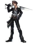  brown_hair dissidia_final_fantasy final_fantasy final_fantasy_viii full_body fur_trim gloves gunblade jacket jewelry male multiple_belts necklace nomura_tetsuya official_art scar squall_leonhart weapon 