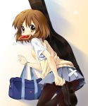  bread bread_in_mouth brown_eyes brown_hair food from_behind guitar_case hair_ornament hairclip hirasawa_yui instrument_case k-on! looking_back mouth_hold paco pantyhose putting_on_shoes school_bag school_uniform shoes short_hair skirt solo sweatdrop sweater_vest toast toast_in_mouth 