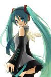  angel_wings aqua_eyes aqua_hair detached_sleeves flat_chest hatsune_miku headphones kisaragi_itsuka long_hair looking_back nail_polish necktie simple_background skirt smile solo thigh-highs thighhighs twintails very_long_hair vocaloid wings zettai_ryouiki 