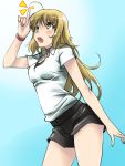  ahoge blonde_hair blush canaan choker long_hair mas oosawa_maria open_mouth shorts solo wristband yellow_eyes 