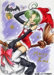  bare_shoulders bat bat_wings boots bow broom broom_riding choker christmas colored_pencil colored_pencil_(medium) elbow_gloves gift gloves green_hair hair_over_one_eye hat jester_cap maon marker_(medium) merry_christmas orange_eyes original santa_costume santa_hat signature star thigh-highs thighhighs traditional_media wings 