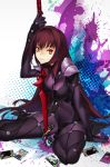  1girl 92m arm_support bodysuit breasts card covered_navel fate/grand_order fate_(series) gae_bolg large_breasts long_hair looking_at_viewer paint paint_splatter pauldrons polearm purple_hair red_eyes scathach_(fate/grand_order) smile solo spear stabbed very_long_hair wakamezake weapon 
