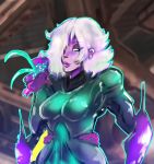  1girl absurdres armor flower glowing glowing_eyes green_eyes highres purple_skin warframe xpisigma 