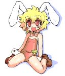 1girl :d animal_ears bare_shoulders blonde_hair blush bowtie bunnysuit collar fang flat_chest miter open_mouth original rabbit_ears rami_(miter) red_eyes short_hair simple_background sitting sketch smile solo wariza white_background wrist_cuffs 