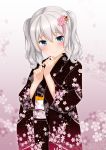  1girl blue_eyes blush flower hair_flower hair_ornament japanese_clothes kantai_collection kashima_(kantai_collection) kimono looking_at_viewer sana_(sauber0531) silver_hair solo twintails 
