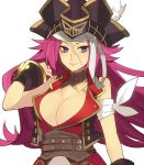  1girl blue_eyes breasts cleavage fate/extra fate_(series) hat large_breasts long_hair looking_at_viewer pink_hair pirate pirate_hat rider_(fate/extra) sanae_(satansanae) scar simple_background smile solo white_background 