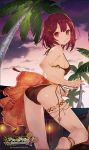  1girl :o anklet ass atelier_(series) atelier_sophie bikini jewelry logo looking_at_viewer looking_back official_art palm_tree red_eyes redhead sarong short_hair side-tie_bikini solo sophie_neuenmuller strap_pull swimsuit takekono tree 