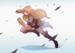  1girl ahoge blonde_hair boots breasts cleavage clockwork-cadaver fingerless_gloves gauntlets gloves running rwby scarf solo violet_eyes yang_xiao_long 