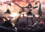  1girl airplane big.g black_hair bow_(weapon) breasts brown_eyes crossbow japanese_clothes kantai_collection long_hair reflection scythe shouhou_(kantai_collection) skirt solo thigh-highs weapon 