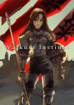  1girl armor brown_eyes brown_hair garter_straps gauntlets long_hair looking_to_the_side natsuhara polearm shield solo spaulders thigh-highs turtleneck weapon 